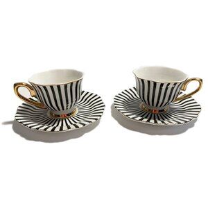 2 Sets NEW Movie Star Bone China B&W Espresso Stripe Fluted 2-Pc Sets w/Gold …